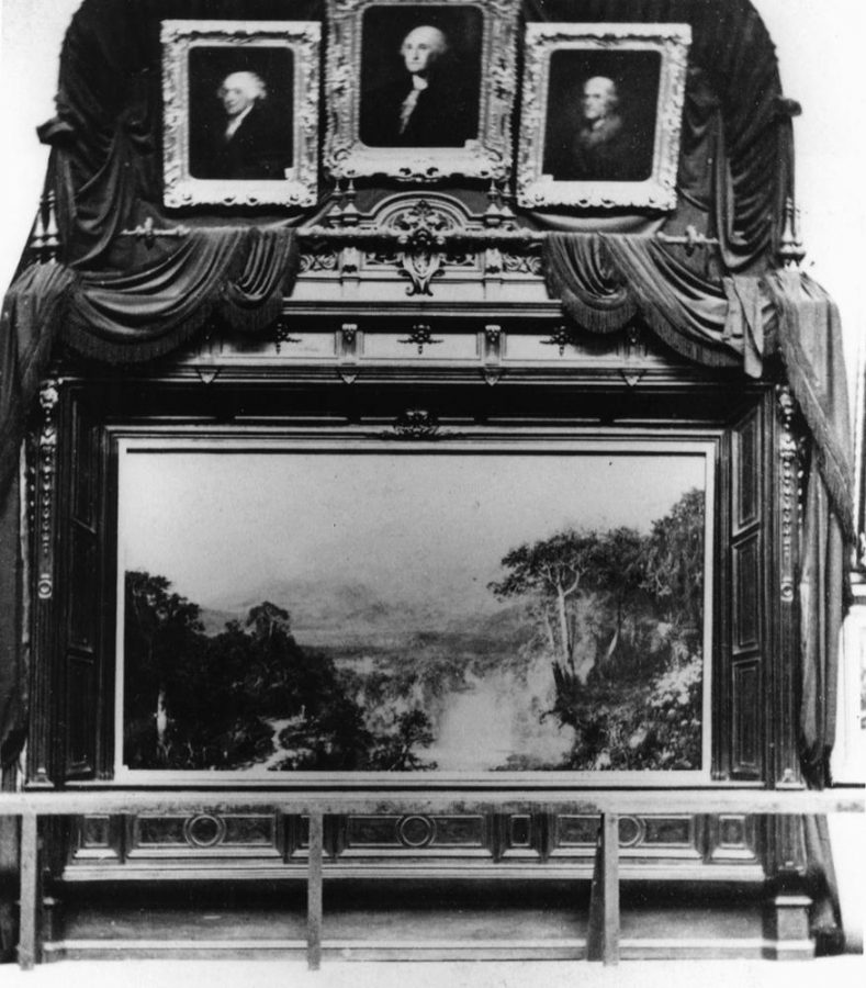 Frederic Church, Heart of the Andes, 1859, original frame as exhibited in April 1864 at the Metropolitan Fair in Aid of the Sanitary Commission in New York. Stereograph photo by J. Gurney & Son. Collection of the New York Historical Society. 