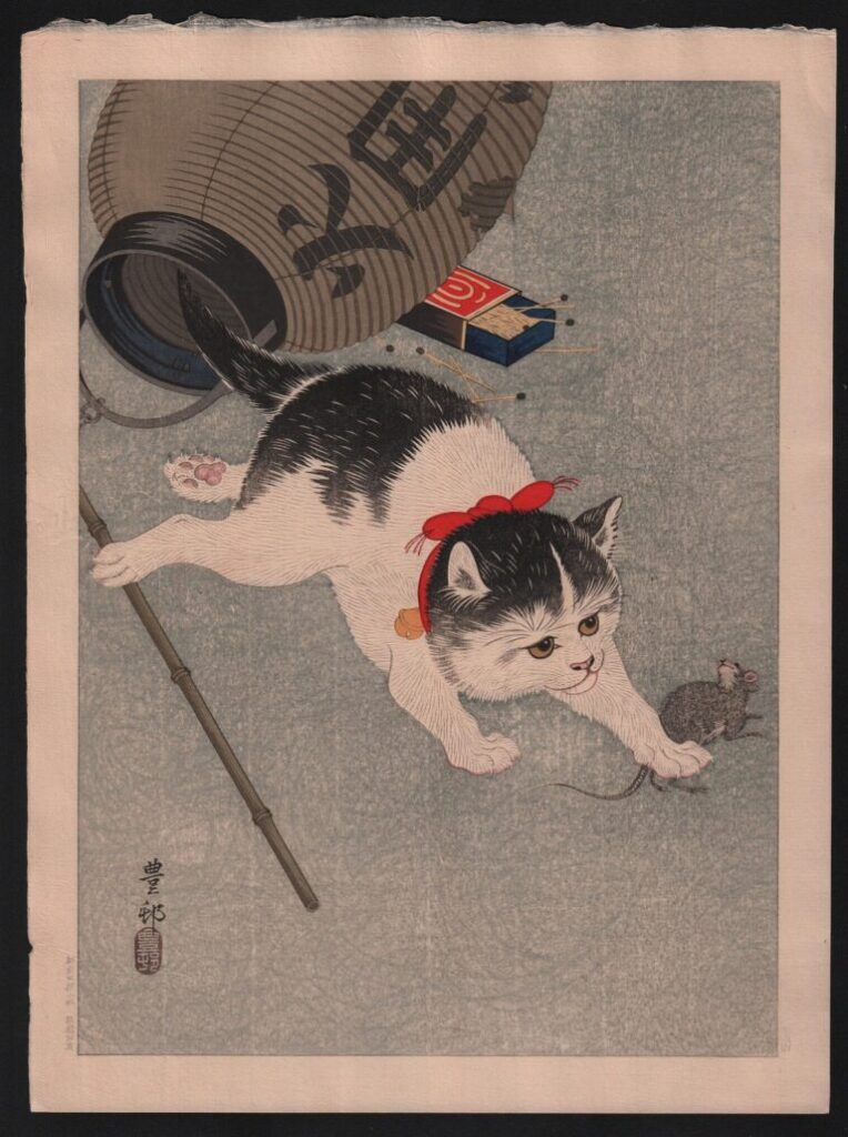 Cats in Japanese Art: Ohara Koson, Cat Catching Mouse, 1930, private collection.