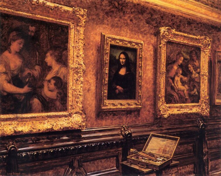 Mona Lisa theft: Louis Béroud, Mona Lisa at the Louvre, 1911, showing the interior of the Louvre where the Mona Lisa was hung. Wikimedia Commons (public domain).
