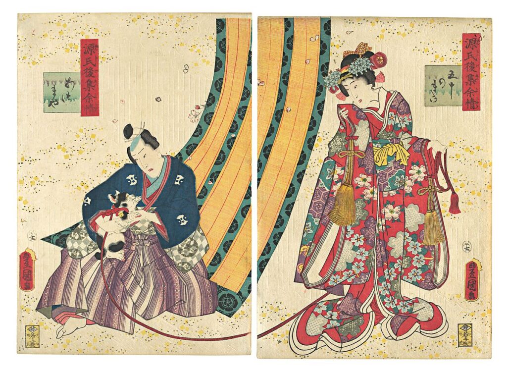 Cats in Japanese Art: Utagawa Kunisada, Parody of the Third Princess and Kashiwagi: “Chapter 50: A Hut in the Eastern Provinces”, 1858, Metropolitan Museum of Art, New York City, NY, USA.